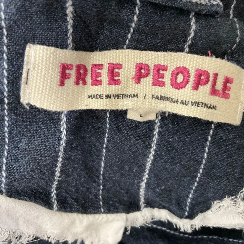 Free People Blazer Women's Large Blue Double Breasted stripes bell sleeves Flaws